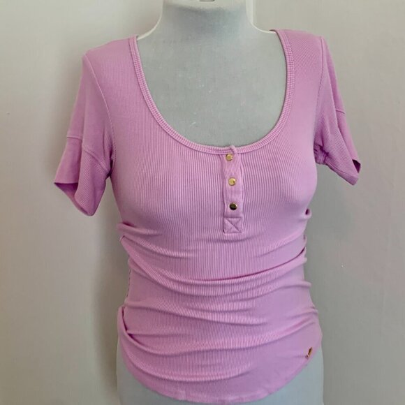 VTG 90s 2000 BEBE Lavender Ribbed Basic Short Sleeve Henley Top Button Purple S - Picture 6 of 12